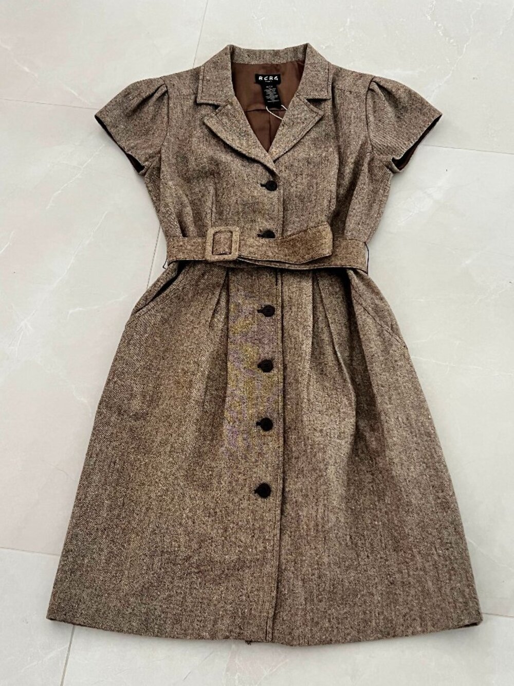 BCBG Brown Tweed Belted Button-Front Trench Shirt Dress (Size 6)